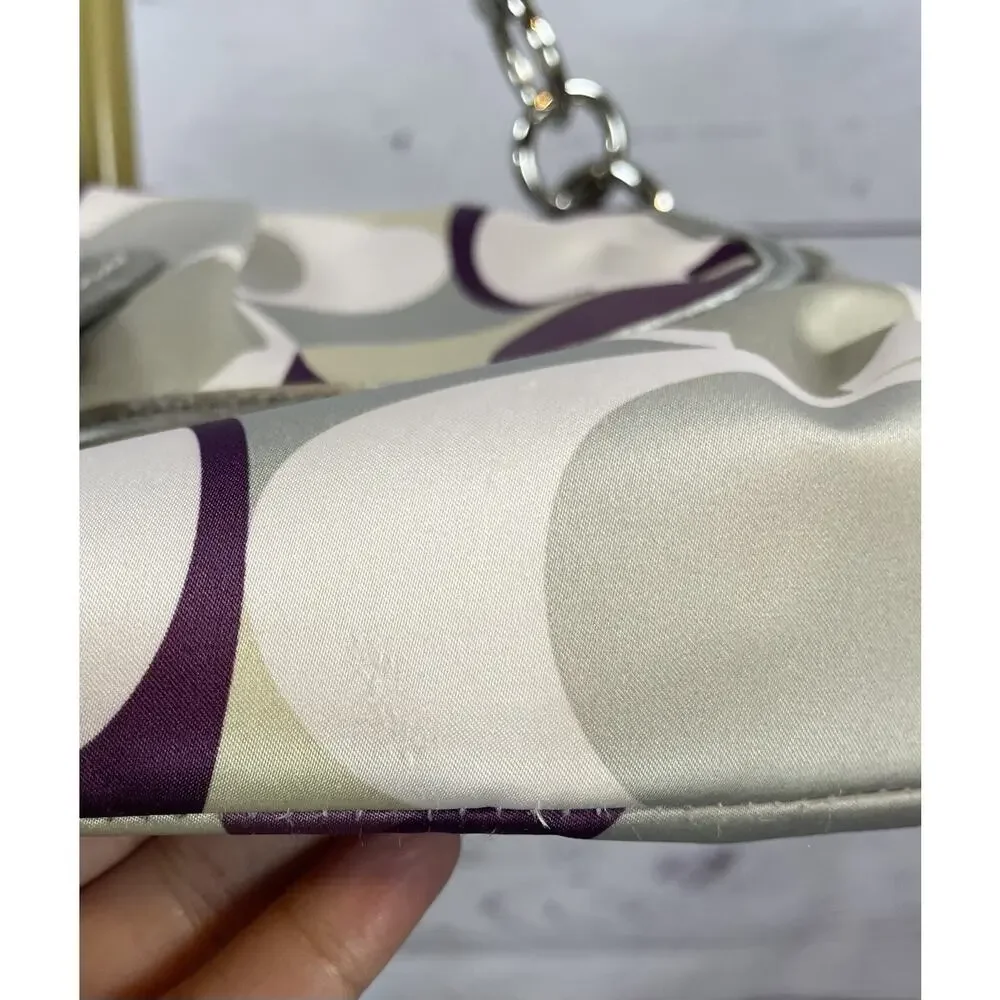 Coach Soho Signature Scarf Print Small Shoulder Bag Purple Silver Satin Handbag - Picture 4 of 13